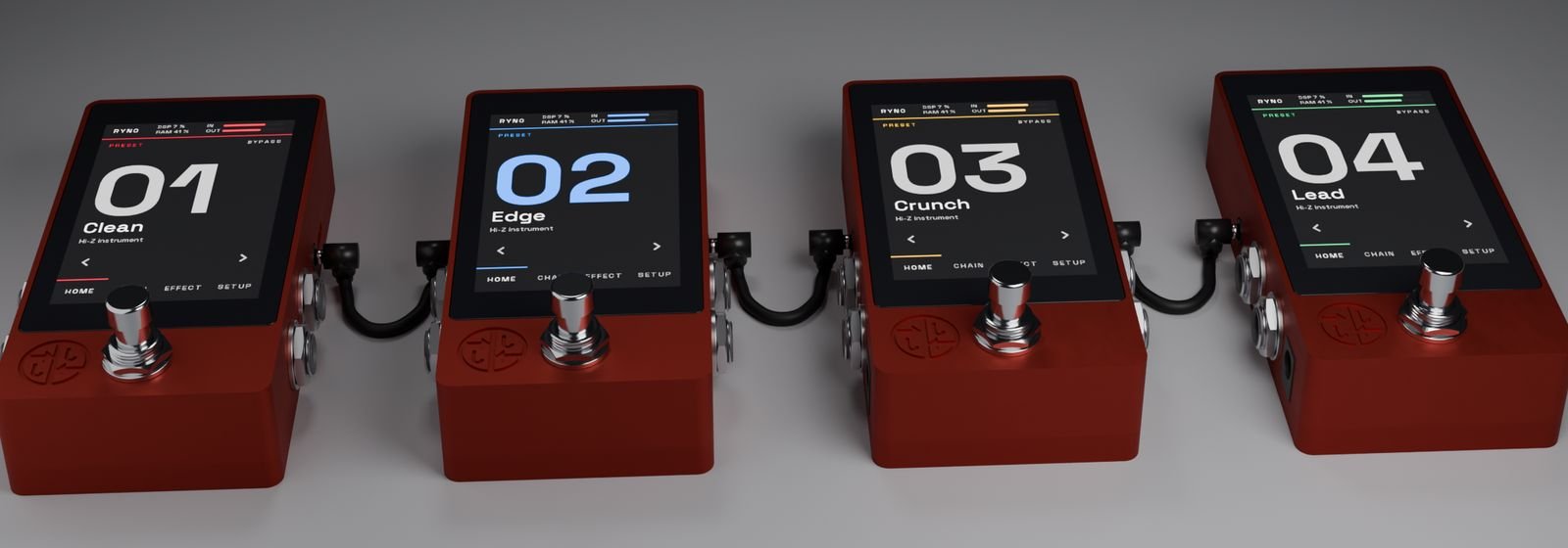 Four RYNO pedals linked over MIDI, each on its own preset; only the second is engaged